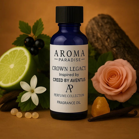 Perfume oil bottle labeled 'Aroma Paradise Crown Legacy' surrounded by flowers and fruits on a warm background