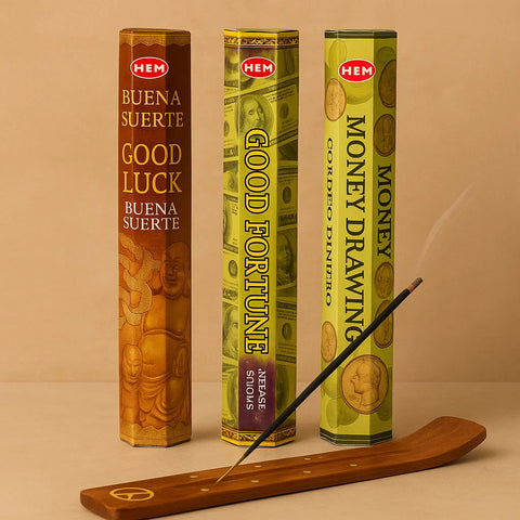 Hem Incense Gift Pack #4 - 180 Pc – Money Drawing, Good Luck & Good Fortune with Wooden Holders - Aroma Paradise