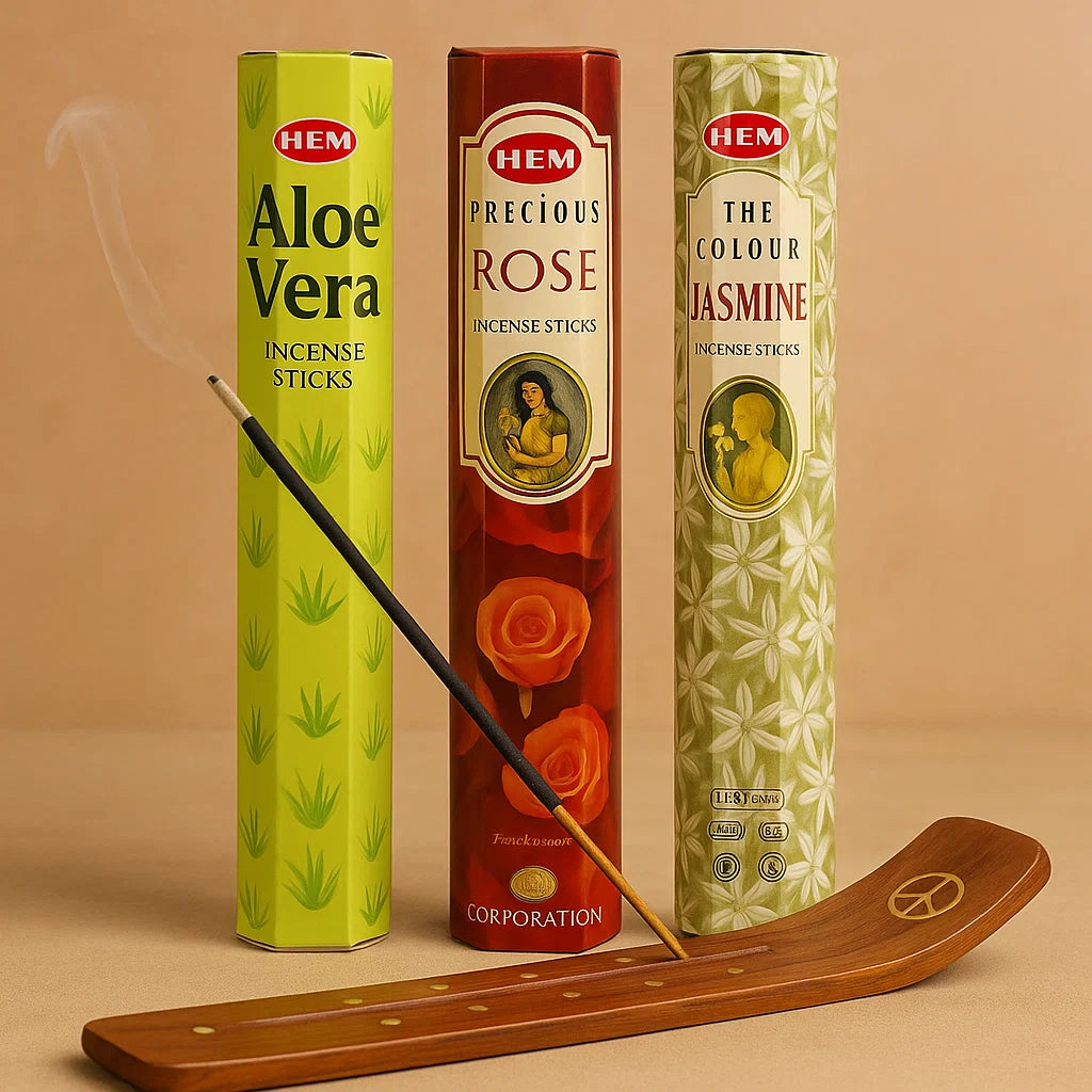Three HEM incense stick boxes with a wooden incense holder on a beige background