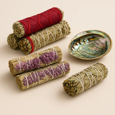 Herbal Sage Gift Pack with Abalone Shell – Lavender, Eucalyptus & Rose Sage Smudges for spiritual cleansing - Aroma Paradise
