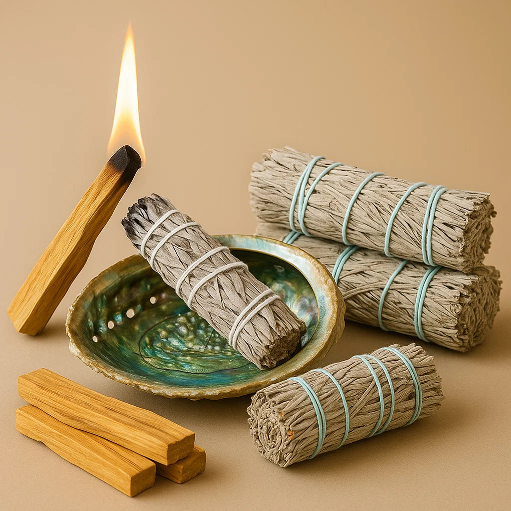 Sage & Palo Santo Gift Pack with Abalone Shell – White Sage, Blue Sage & Palo Santo for spiritual cleansing - Aroma Paradise