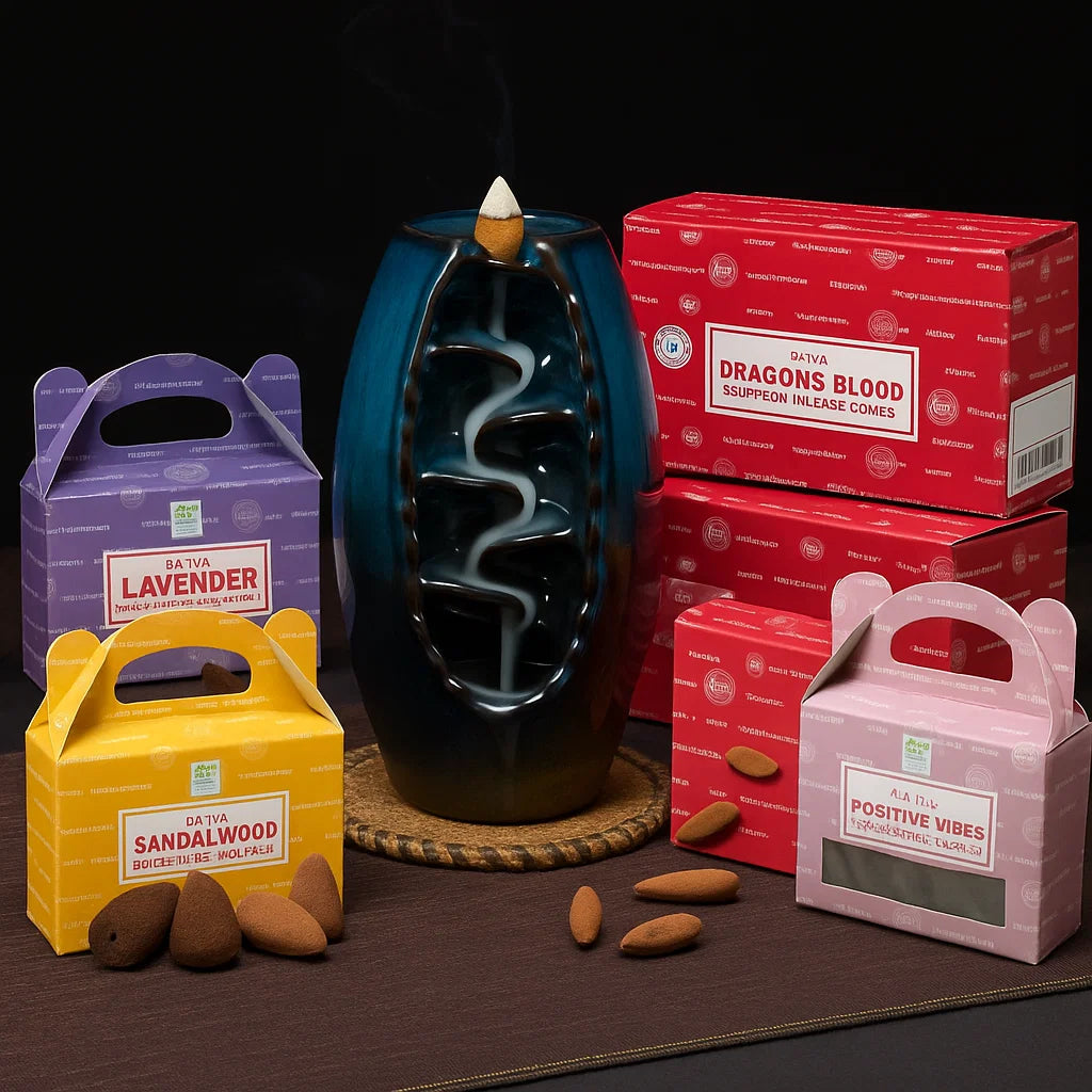 Backflow Burner Gift Pack #1 – With Satya Lavender, Sandalwood, Dragon’s Blood & Positive Vibes Cones - Aroma Paradise