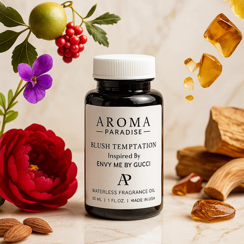 Aroma Paradise fragrance oil bottle with flowers and fruits on a light background