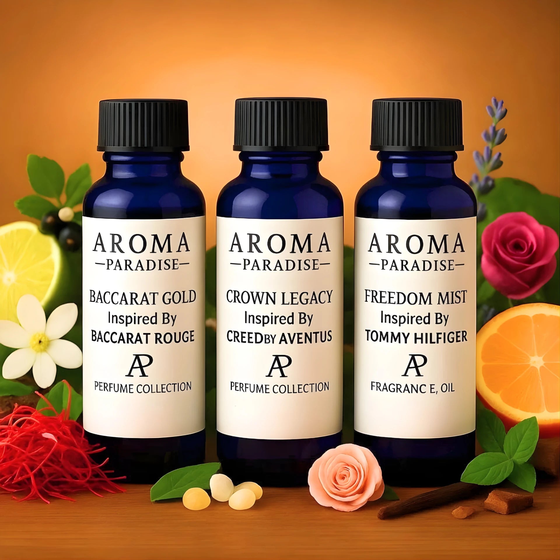 Three Aroma Paradise perfume bottles with floral and fruit decorations on a wooden surface.