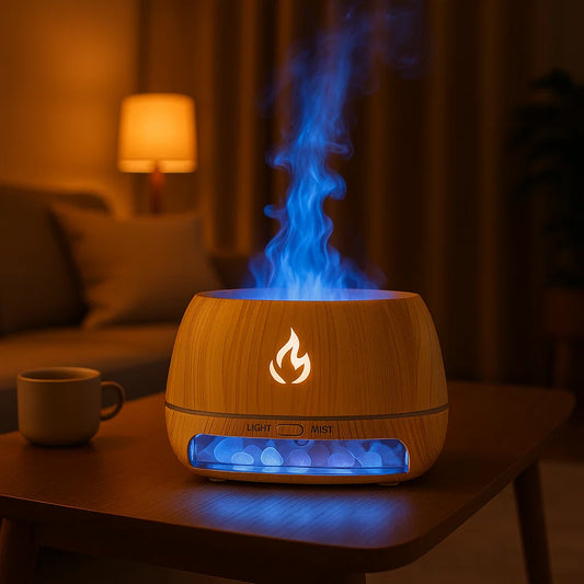 Himalayan Wood Salt Flame Ultrasonic Essential Oil Diffuser & Cool Mist Humidifier – LED Night Light, Auto Shut-Off & Whisper Quiet for Home & Office