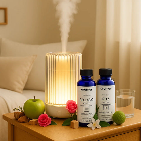 Aromatherapy diffuser with steam, two bottles of aromar fragrance oils, and decorative items on a wooden surface.