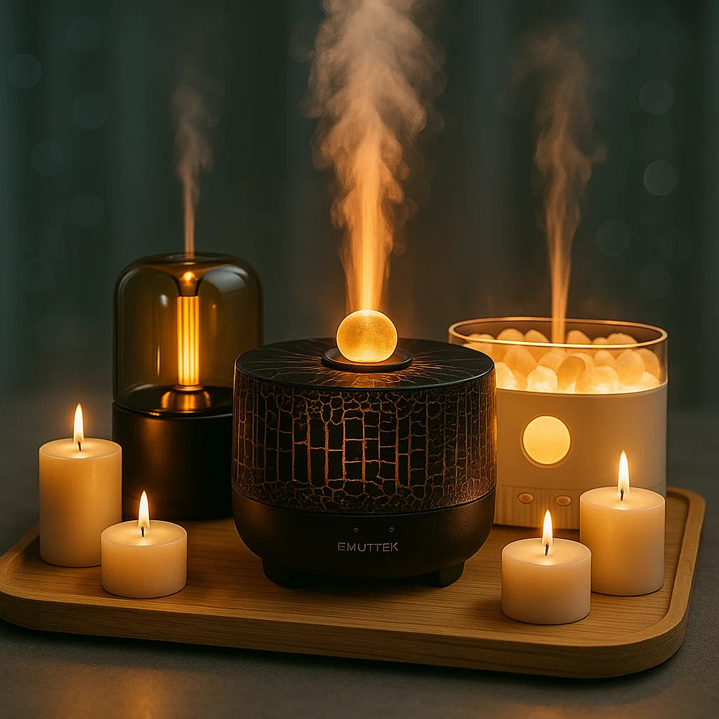 Aromatherapy diffuser with candles on a wooden tray against a dark background