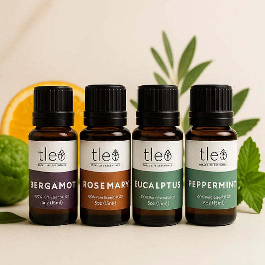 100% Pure Essential Oil 4-Pack – Eucalyptus, Peppermint, Rosemary & Bergamot (15ml Bottles) - Tleo