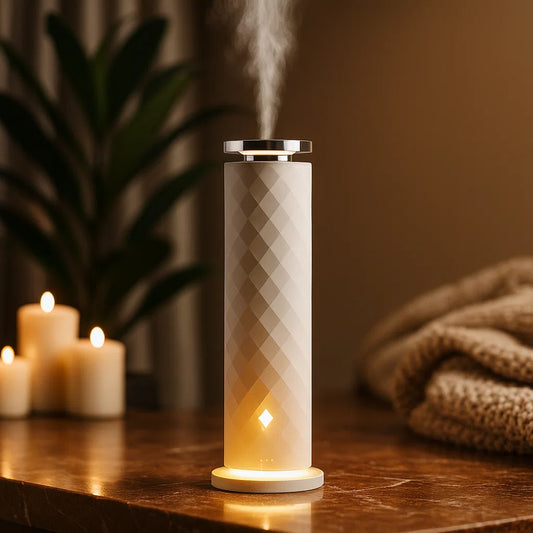 Cylindrical humidifier emitting steam on a wooden surface with candles and a blanket in the background