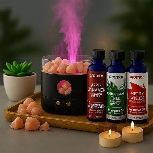 Flame with Himalayan Salt Top Diffuser Gift Pack – With Apple Cinnamon, Christmas Tree & Merry Wishes Oils