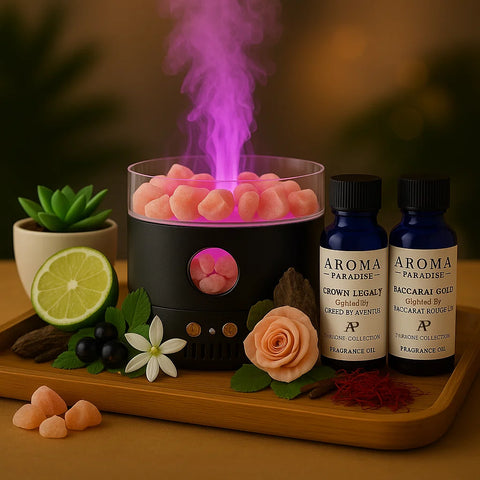 Flame with Himalayan Salt Top Diffuser Gift Pack – With Creed Aventus & Baccarat inspired Oils - Aroma Paradise