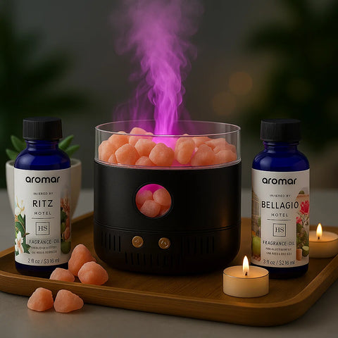 Flame with Himalayan Salt Top Diffuser Gift Pack – With Bellagio & Ritz inspired Oils - Aroma Paradise