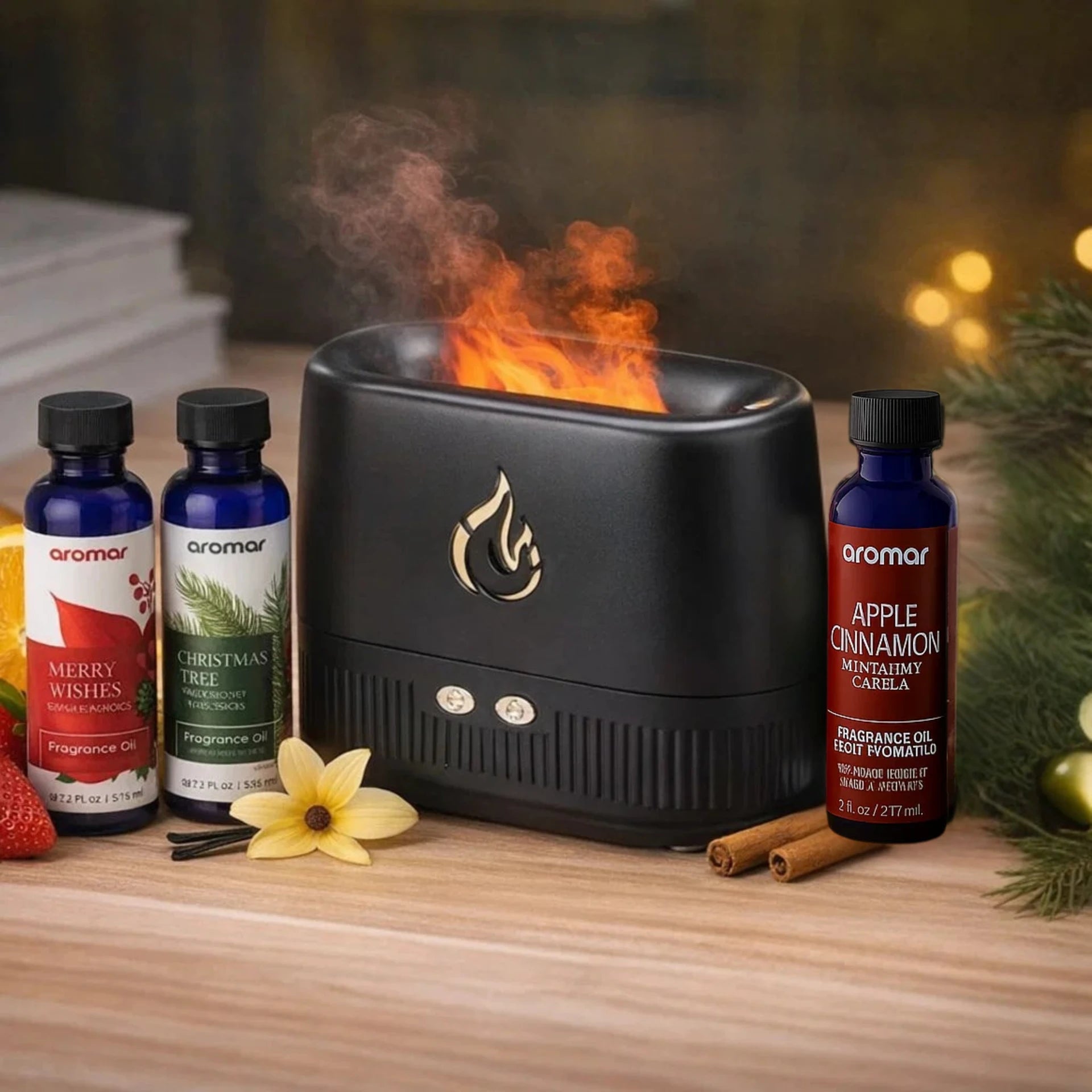 Warm Flame Diffuser Gift Pack – With Apple Cinnamon, Christmas Tree & Merry Wishes Oils