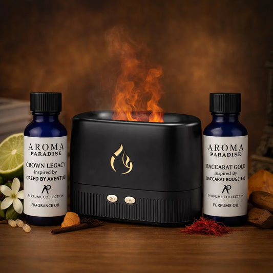 Warm Flame Diffuser Gift Pack – With Creed Aventus & Baccarat inspired Oils