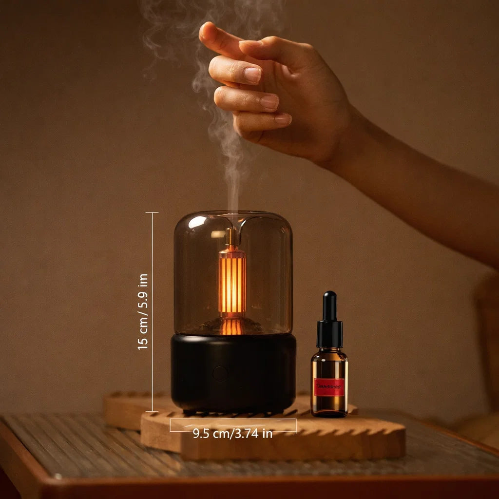 Candlelight Ultrasonic Essential Oil Diffuser & Cool Mist Humidifier – LED Night Light, Auto Shut-Off & Whisper Quiet for Home & Office ultrasonic essential oil diffuser and humidifier - in use - Aroma Paradise