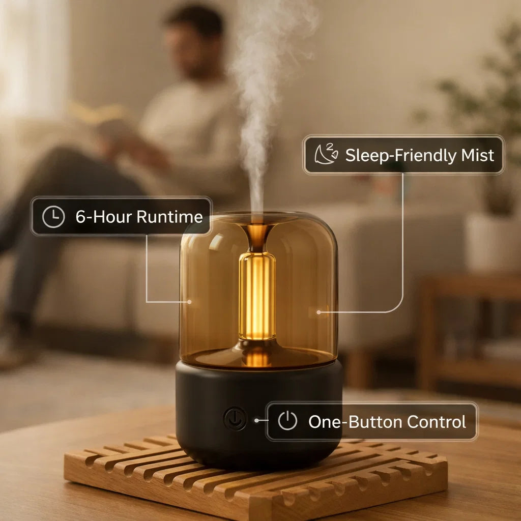 Candlelight Diffuser Hotel Bundle with 2 Hotel Scents - Warm Glow, Whisper-Quiet Mist, 6-Hour Runtime, Includes Diffuser + Ritz + Marriott Oils