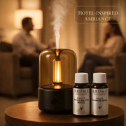 Candlelight Diffuser Hotel Bundle with 2 Hotel Scents - Warm Glow, Whisper-Quiet Mist, 6-Hour Runtime, Includes Diffuser + Ritz + Marriott Oils aroma diffuser - lifestyle shot - Aroma Paradise