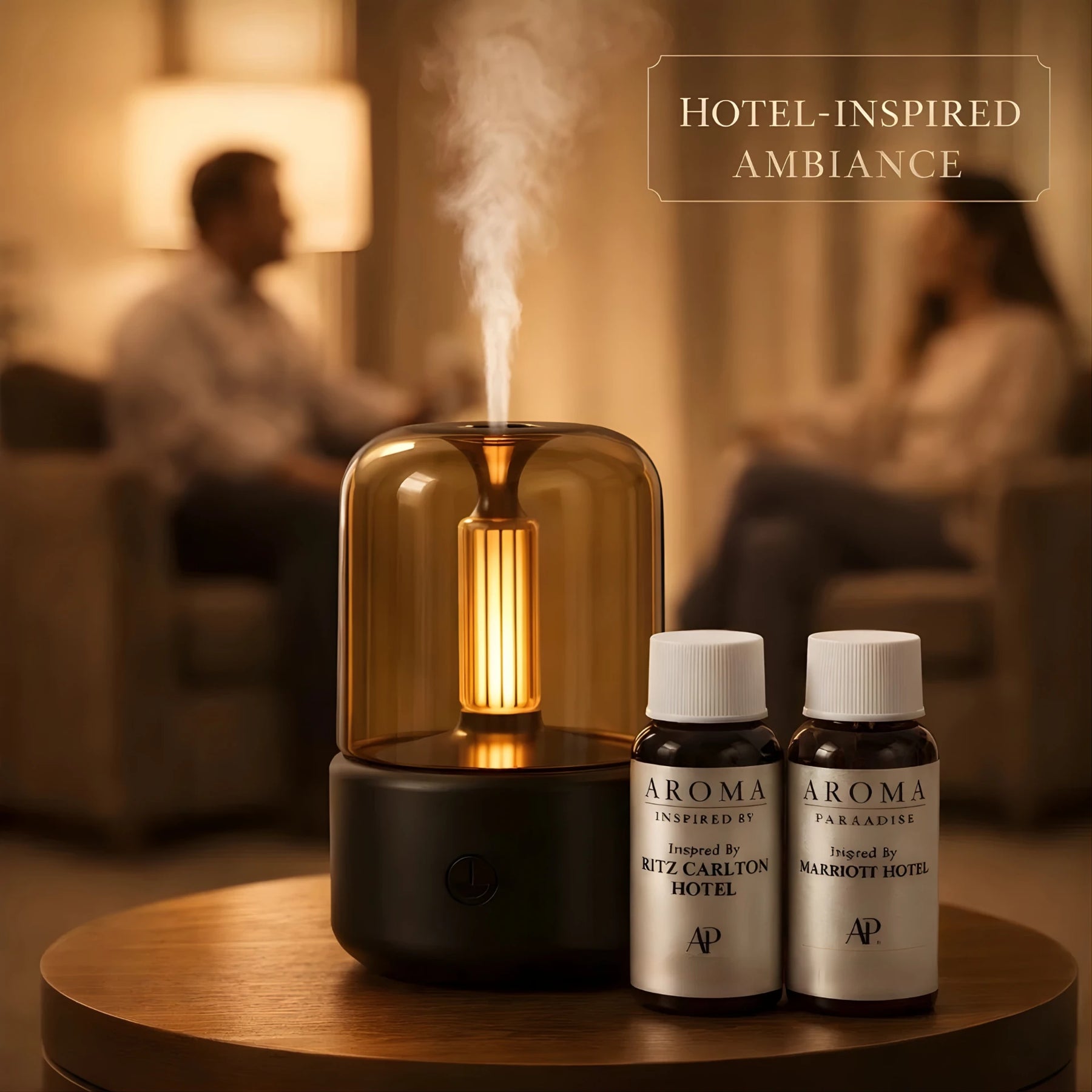 Candlelight Diffuser Hotel Bundle with 2 Hotel Scents - Warm Glow, Whisper-Quiet Mist, 6-Hour Runtime, Includes Diffuser + Ritz + Marriott Oils aroma diffuser - lifestyle shot - Aroma Paradise