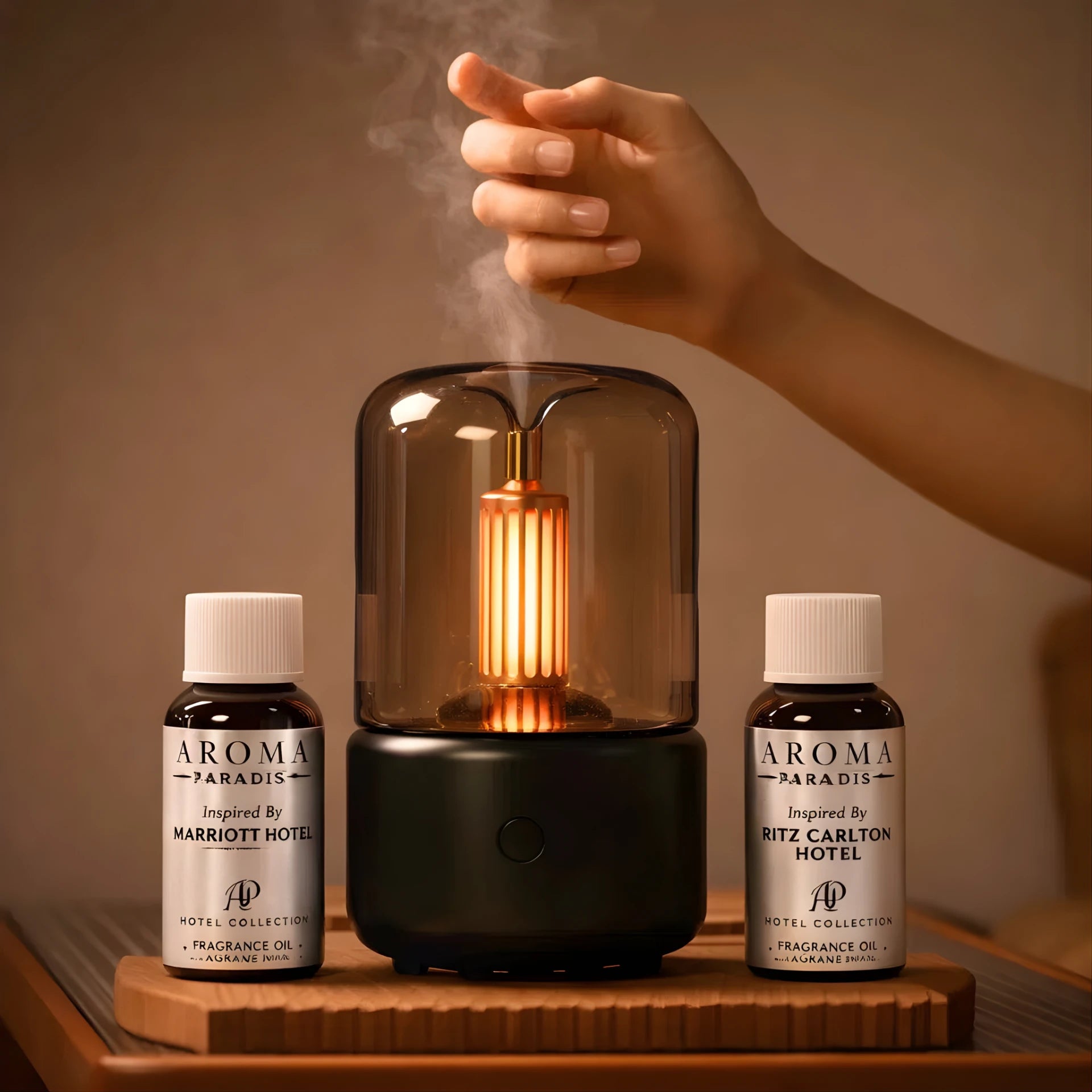 Candlelight Diffuser Hotel Bundle with 2 Hotel Scents - Warm Glow, Whisper-Quiet Mist, 6-Hour Runtime, Includes Diffuser + Ritz + Marriott Oils