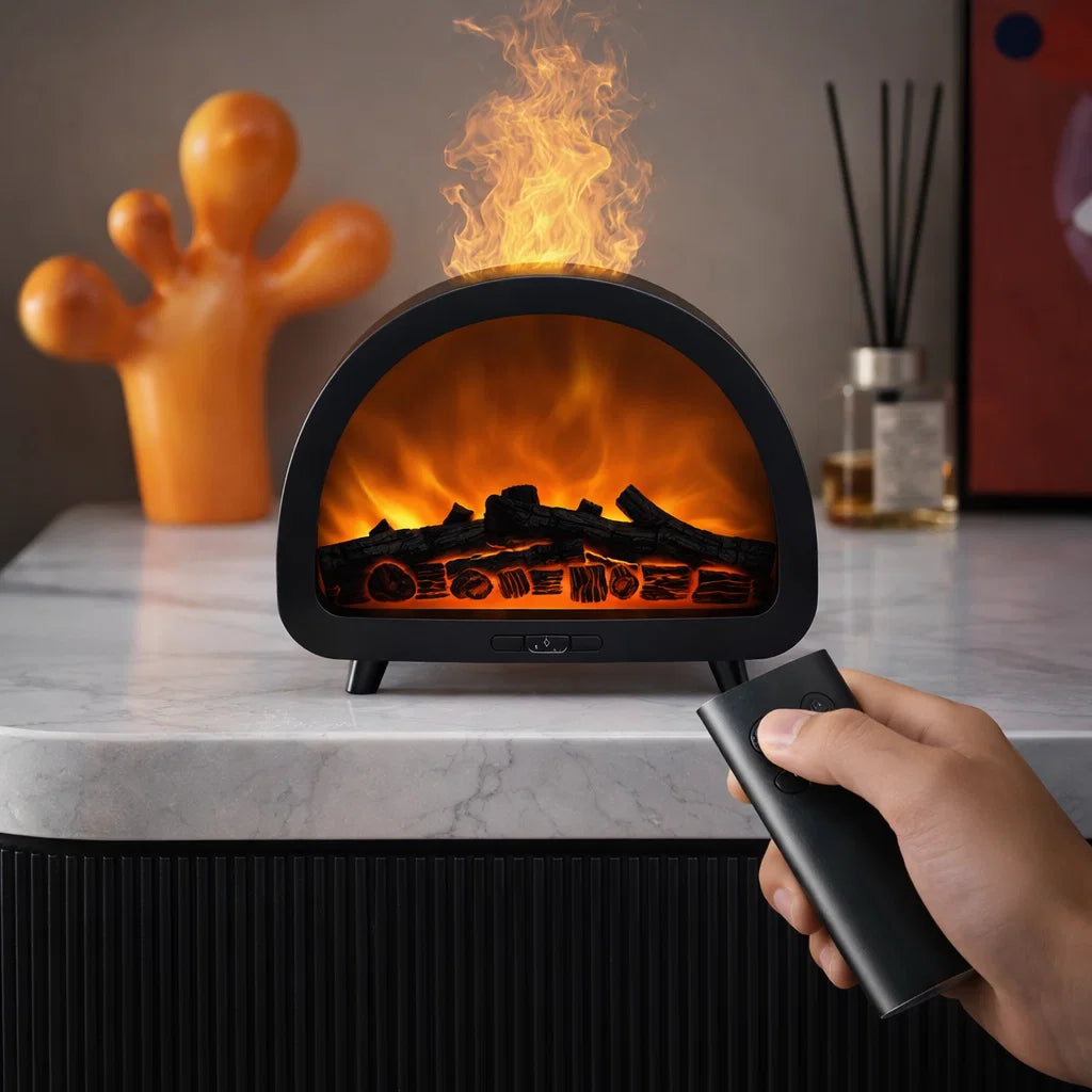 Fireplace Aurora Flame Ultrasonic Essential Oil Diffuser & Cool Mist Humidifier – LED Night Light, Auto Shut-Off & Whisper Quiet for Home & Office With Remote And Heavy Duty Power Adapter ultrasonic essential oil diffuser and humidifier - lifestyle shot - Aroma Paradise