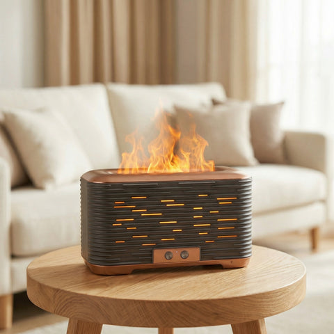 Brown vintage flame diffuser with orange fire effect and glowing slat details on side table - Aroma Paradise