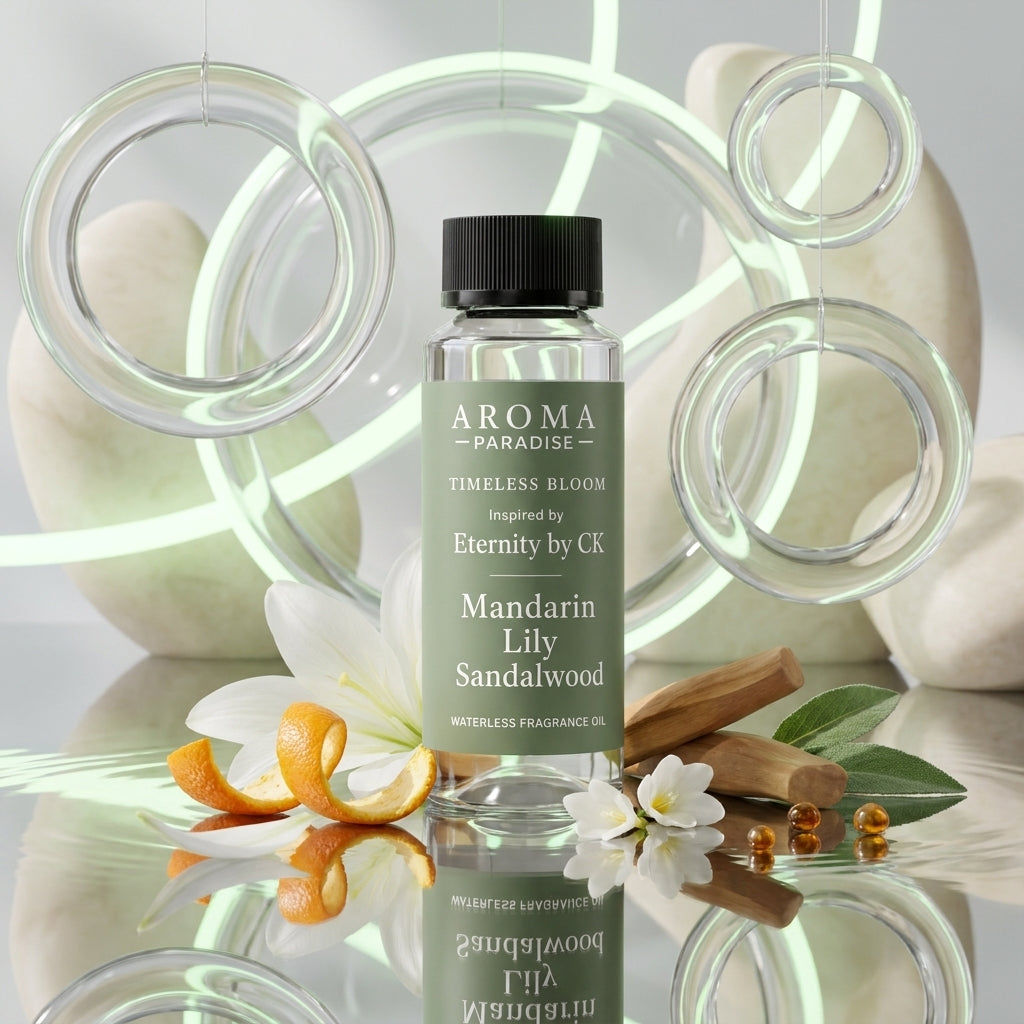 Aroma Paradise Timeless Bloom perfume-inspired waterless fragrance oil in a luxury perfume editorial set