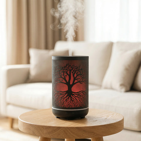 Black metal diffuser with red LED tree of life cutout pattern with roots misting on wood table, Aroma Paradise