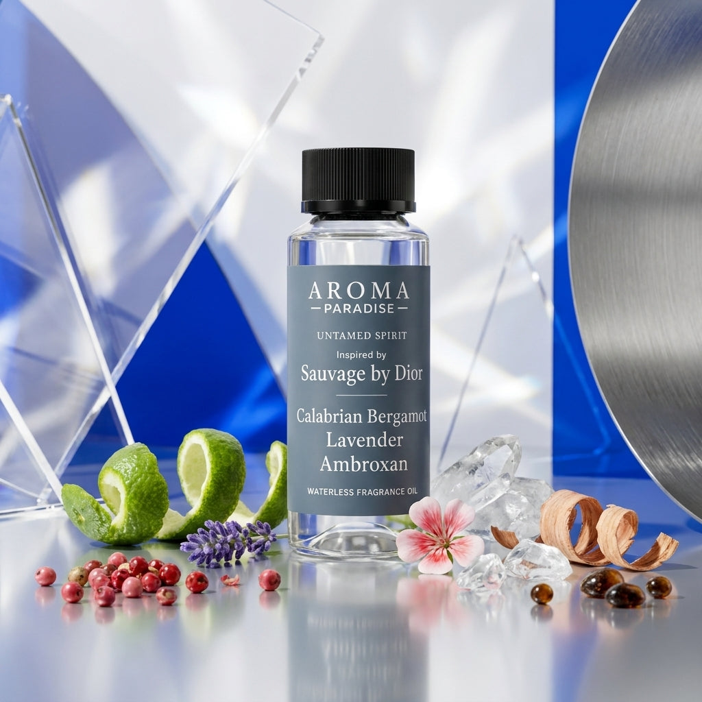 Aroma Paradise Untamed Spirit perfume-inspired waterless fragrance oil in a luxury perfume editorial set