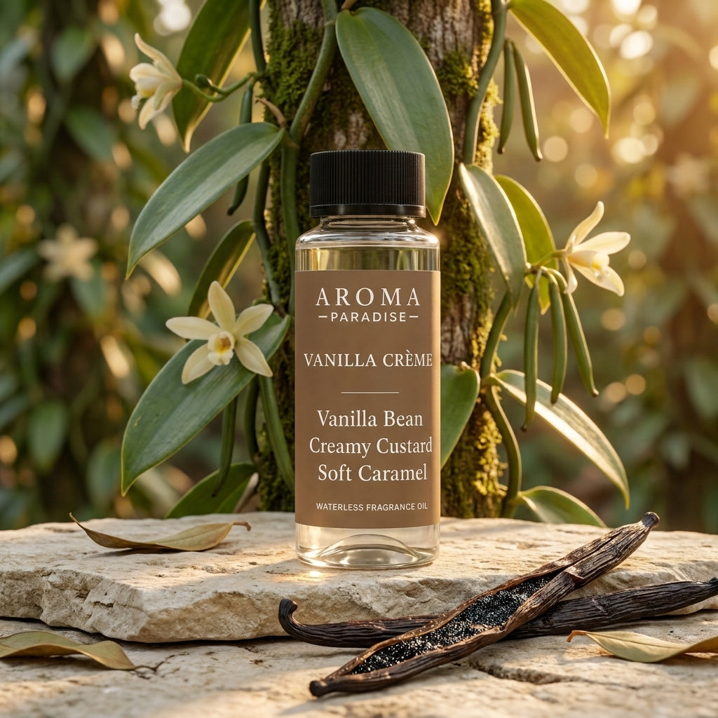 Aroma Paradise Vanilla Crème waterless fragrance oil in an immersive nature scent setting