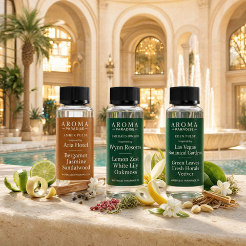Vegas Hotel Scents with Amber Pulse, Emerald Orchid and Eden Pulse waterless fragrance oil bottles