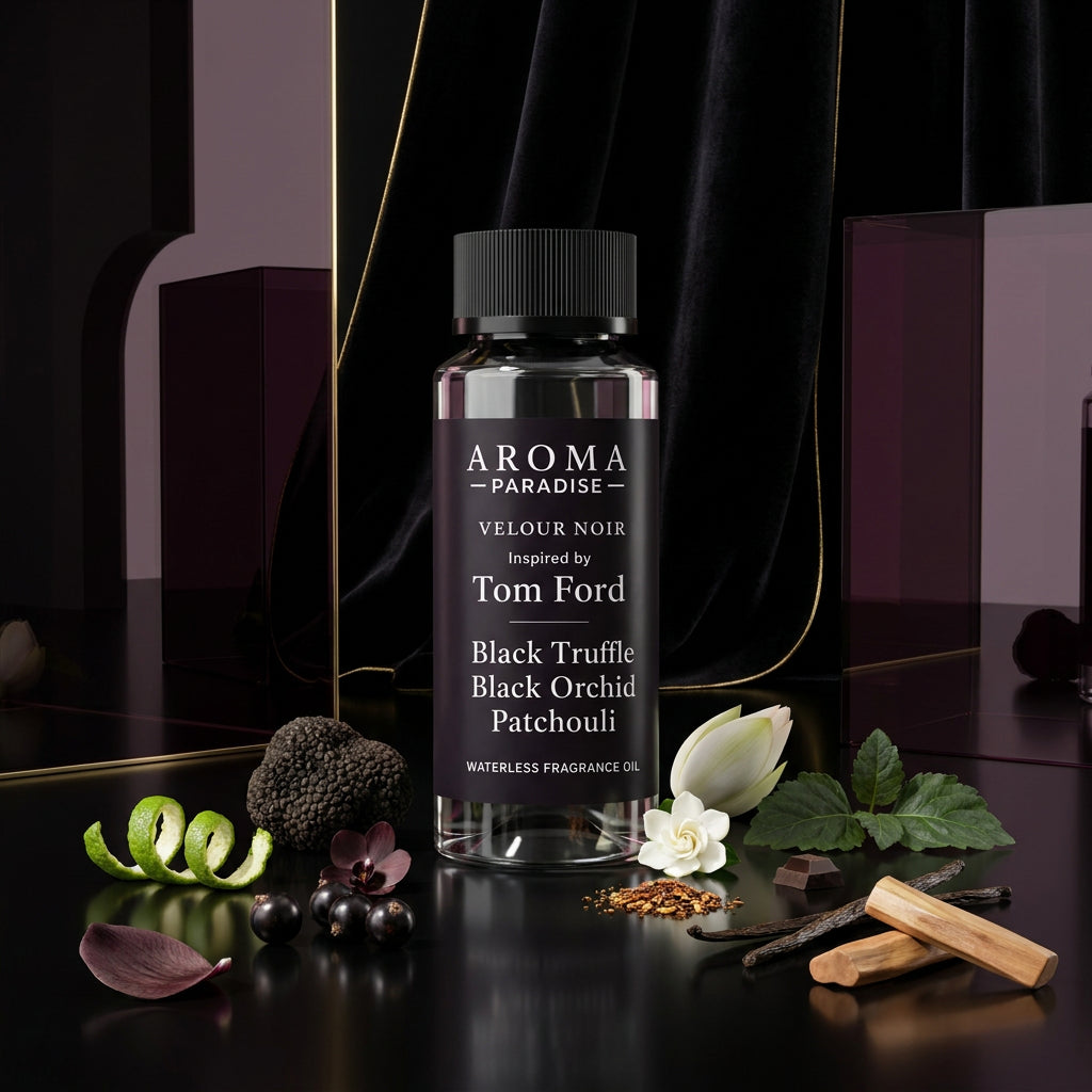 Aroma Paradise Velour Noir perfume-inspired waterless fragrance oil in a luxury perfume editorial set