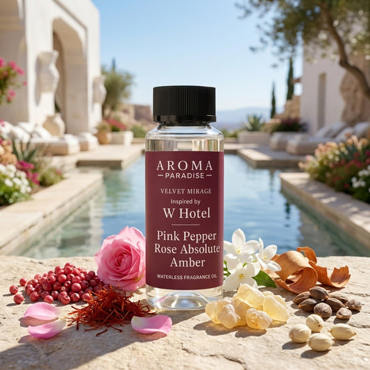 Aroma Paradise Velvet Mirage waterless fragrance oil in an immersive W Hotel inspired destination setting