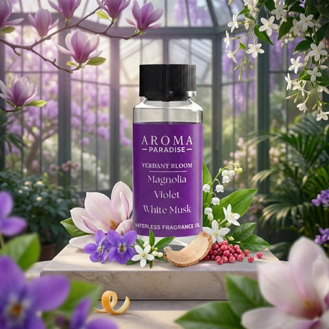 Aroma Paradise Verdant Bloom waterless fragrance oil in an immersive magnolia garden setting