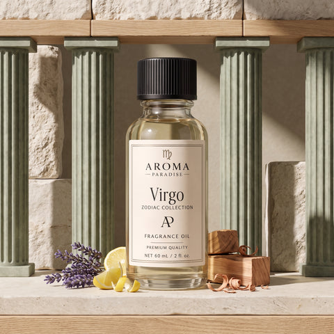 Virgo Zodiac fragrance oil in an editorial scent setting - Aroma Paradise