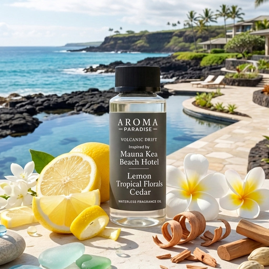 Aroma Paradise Volcanic Drift waterless fragrance oil in an immersive Mauna Kea Beach Hotel inspired volcanic coast setting