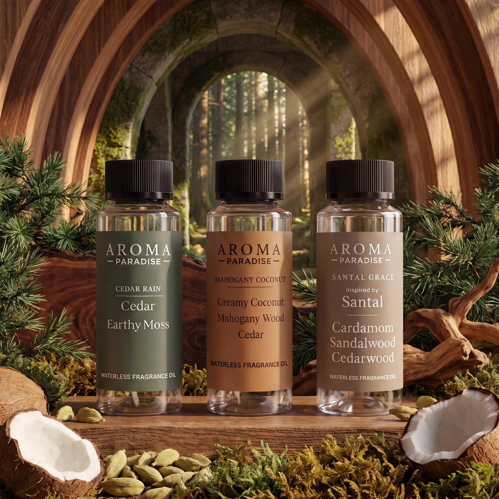 Warm & Woody Scents - 3-Oil Collection with Cedar Rain, Mahogany Coconut, Santal Grace