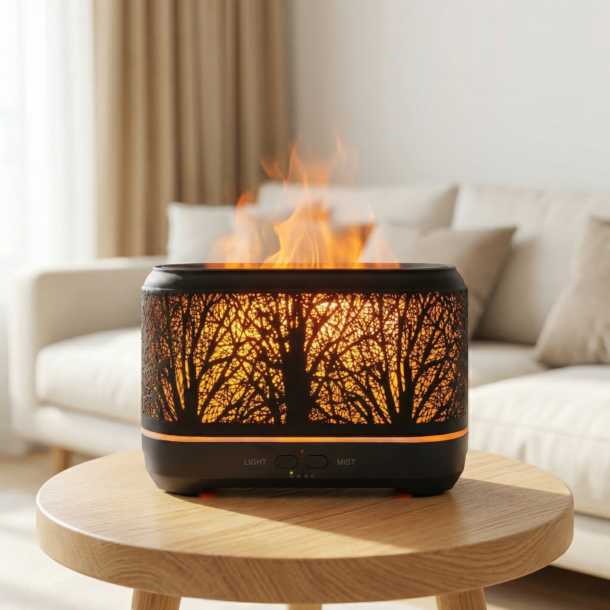 Black forest flame diffuser with tree silhouette cutouts glowing orange with fire effect - Aroma Paradise