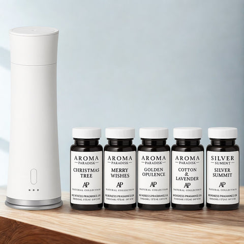 Set of Aroma Paradise diffuser and essential oil bottles on a white background