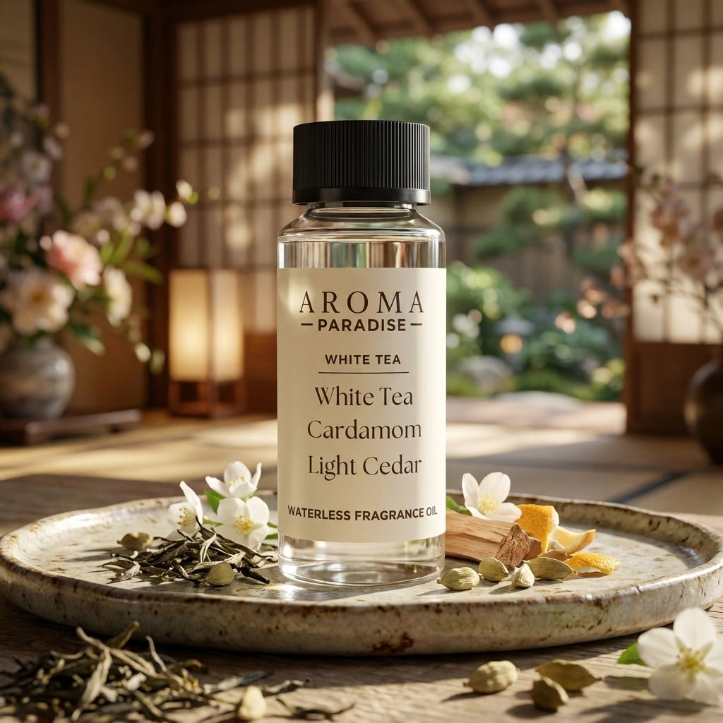 Aroma Paradise White Tea waterless fragrance oil in an immersive tea pavilion setting