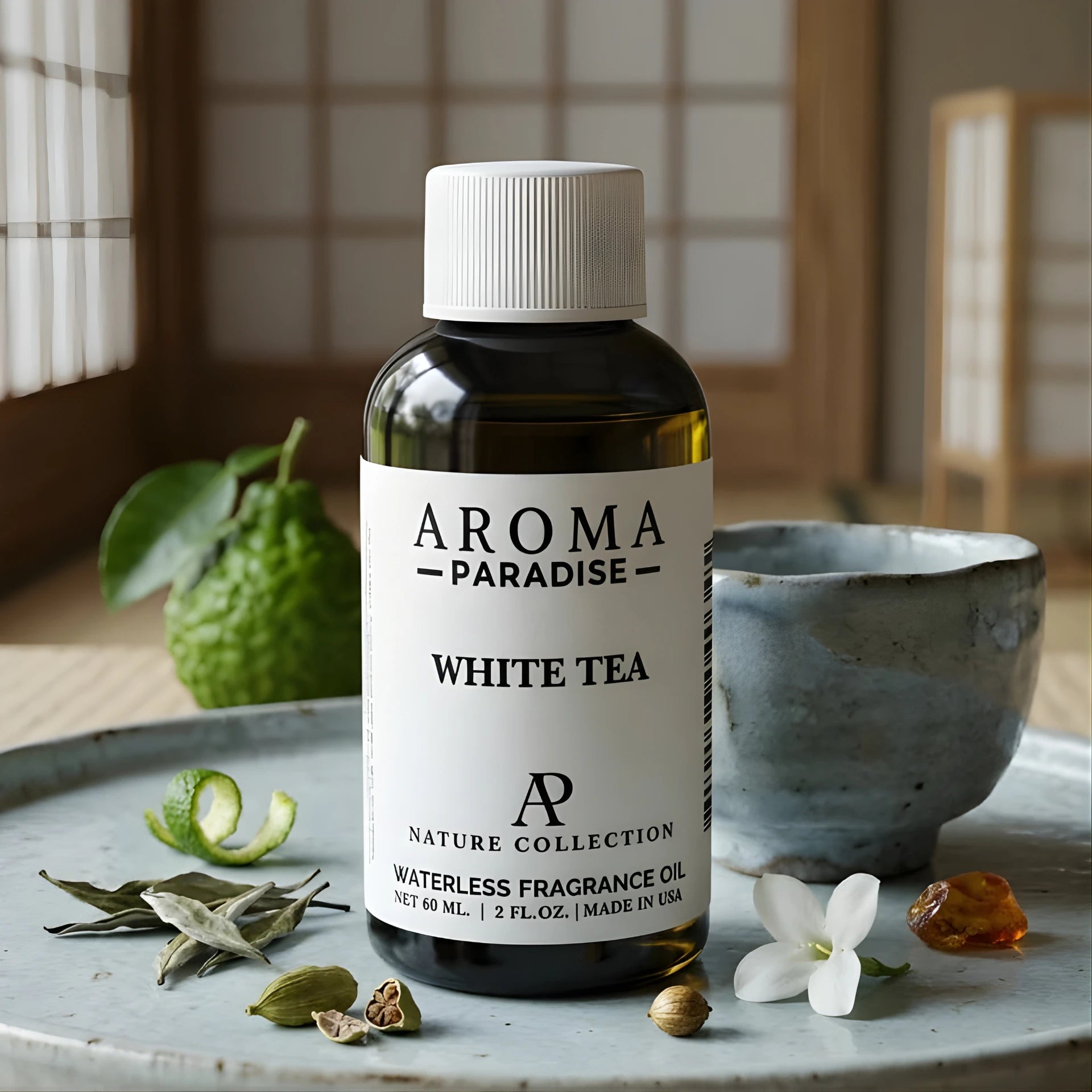 White Tea waterless fragrance oil bottle on ceramic plate with tea leaves, cardamom and jasmine - Aroma Paradise