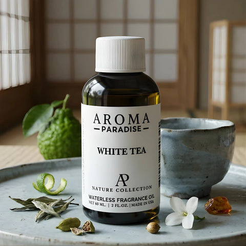 White Tea waterless fragrance oil bottle on ceramic plate with tea leaves, cardamom and jasmine - Aroma Paradise