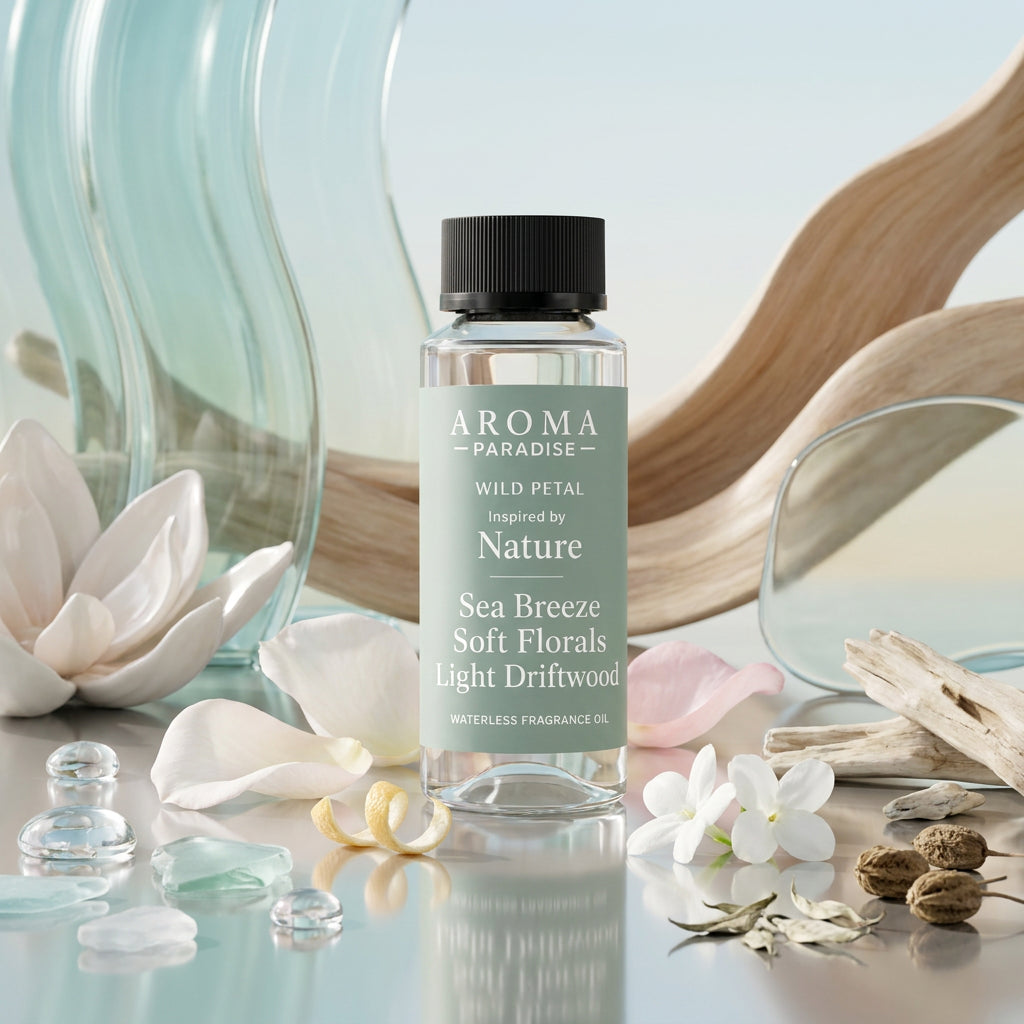 Aroma Paradise Wild Petal perfume-inspired waterless fragrance oil in a luxury perfume editorial set