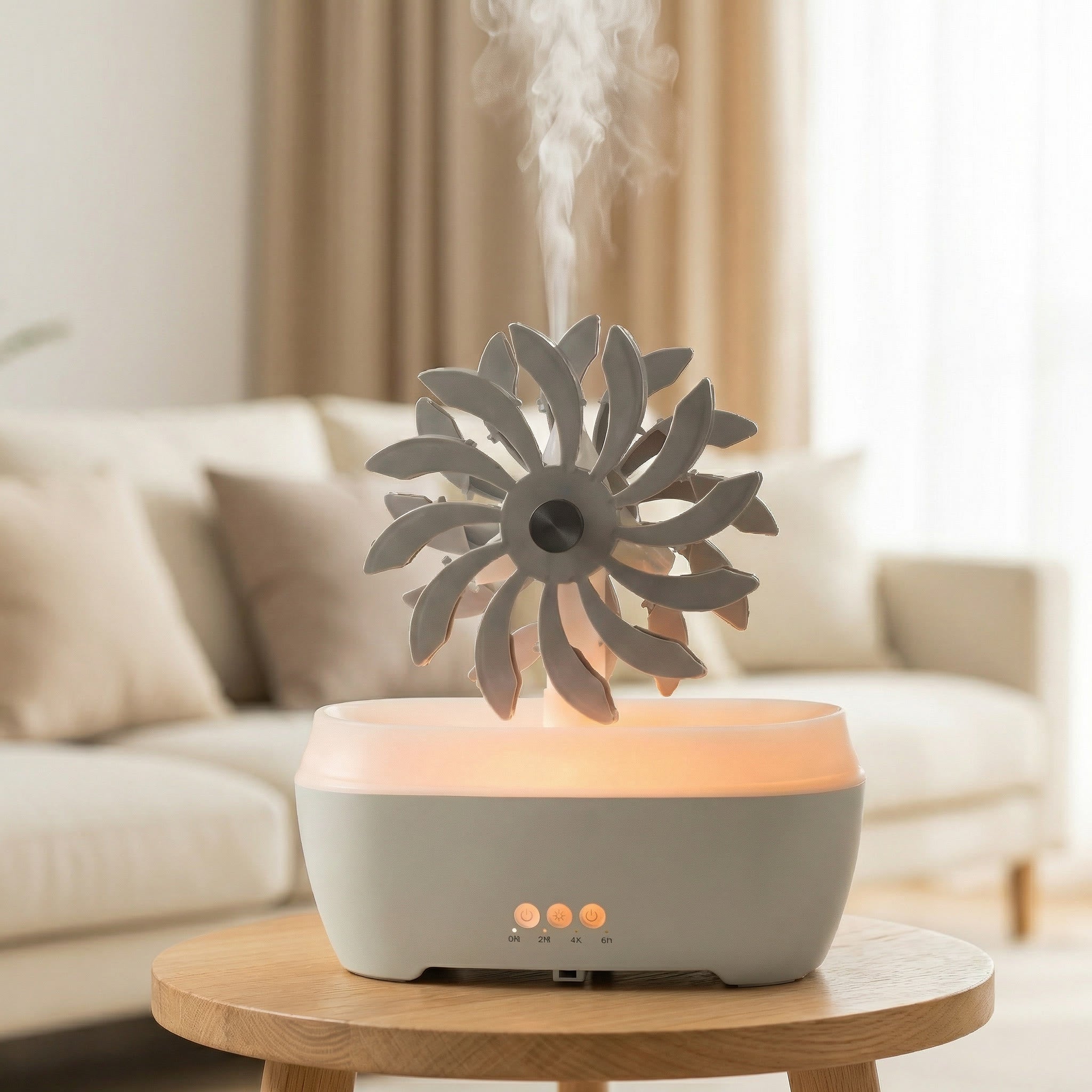 Gray Windmill Spa Diffuser with spinning petal top and warm LED glow misting on wood table - Aroma Paradise