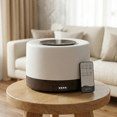 White and dark wood Bluetooth diffuser with remote control misting on side table - Aroma Paradise