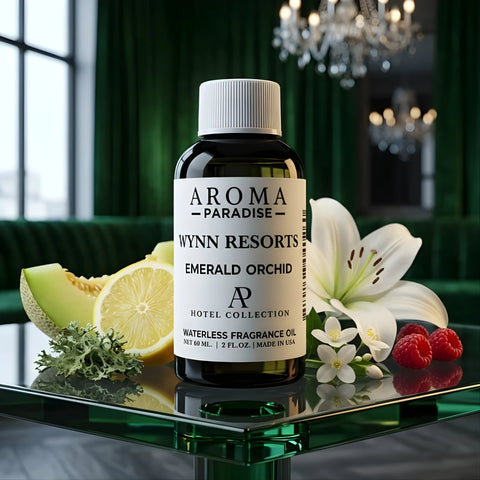Wynn Resorts Emerald Orchid fragrance oil bottle in elegant green lounge with lily and lemon - Aroma Paradise