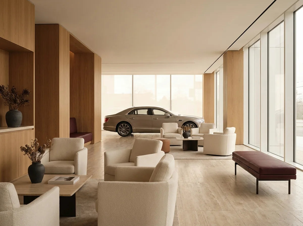 Premium automotive client lounge and showroom representing dealership scenting