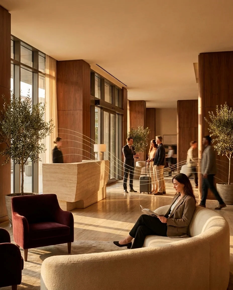 Guests being welcomed into a warm business lobby with subtle gold airflow lines connecting the space