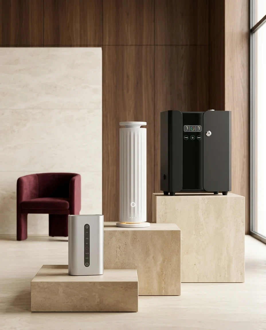 Three waterless commercial scent diffusers displayed in a warm, refined business interior