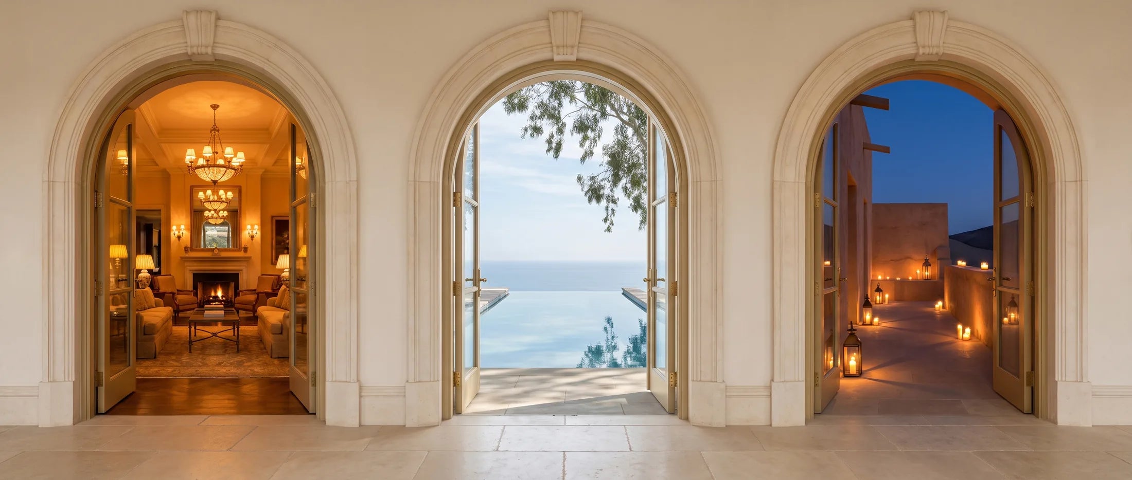 Arched portals open into a luxury hotel, coastal spa, and candlelit desert terrace