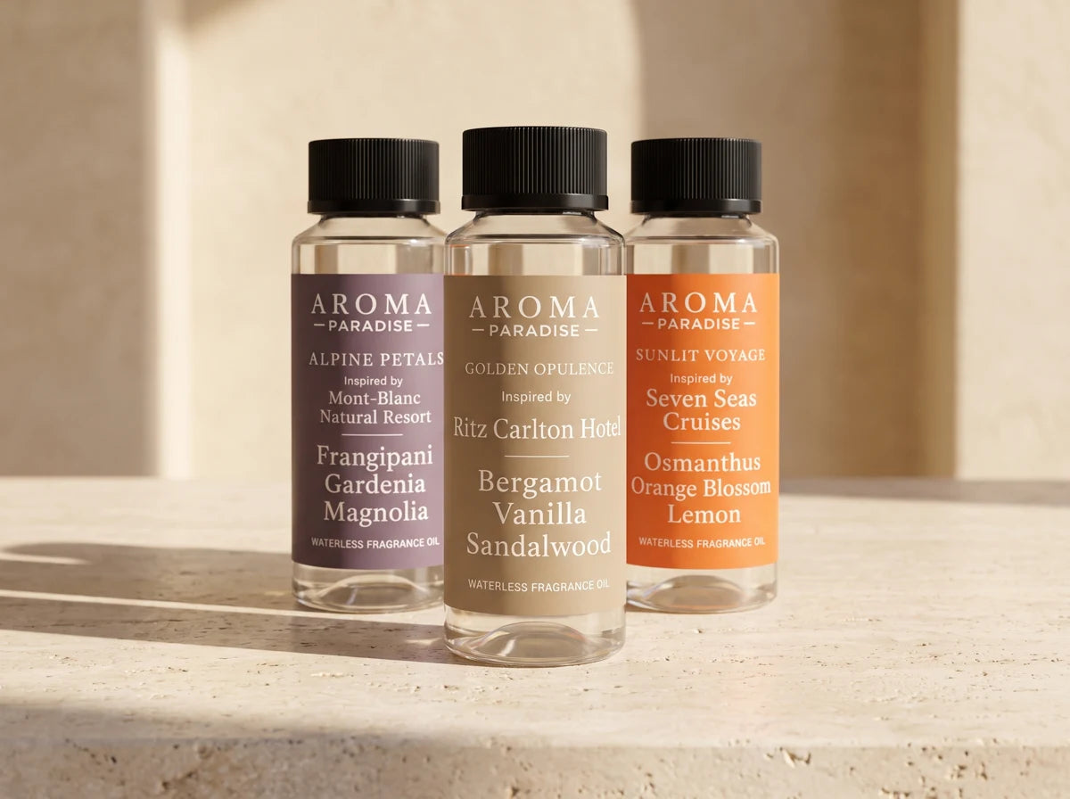 Golden Opulence, Alpine Petals and Sunlit Voyage fragrance oils